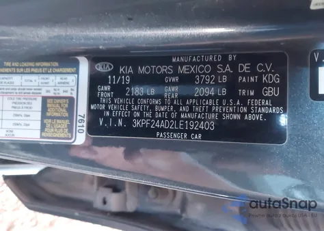 2020 Kia Forte Lxs from USA, damaged, VIN 3KPF24AD2LE192403